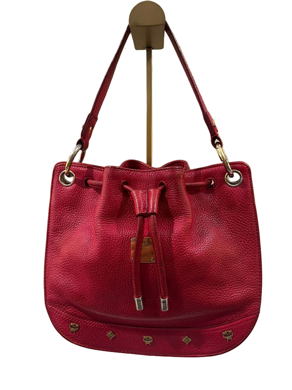 MCM Red Pebbled Leather Drawstring Shoulder Bag with COA